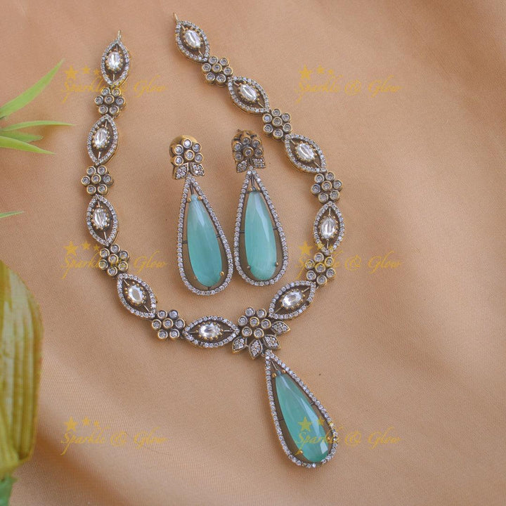 Stunning Floral and leaf design Victorian AD short necklace - sea blue - Sparkle and Glow