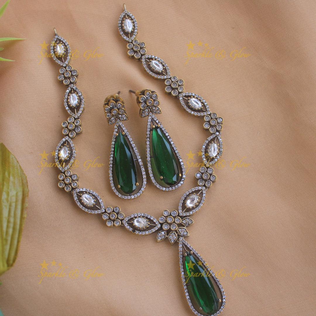 Stunning Floral and leaf design Victorian AD short necklace - sea blue - Sparkle and Glow