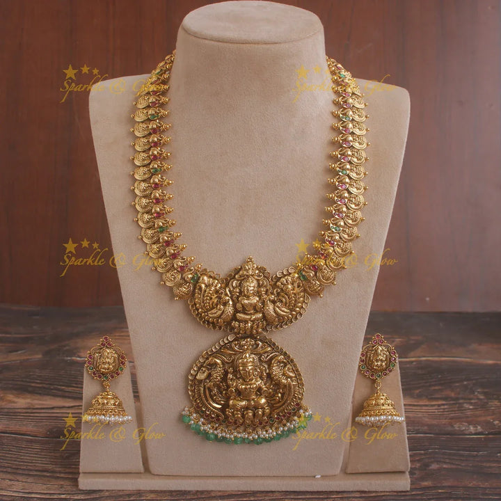 Exquisite Lakshmi peacock carved coin haram with ruby emerald and green beads - Sparkle and Glow