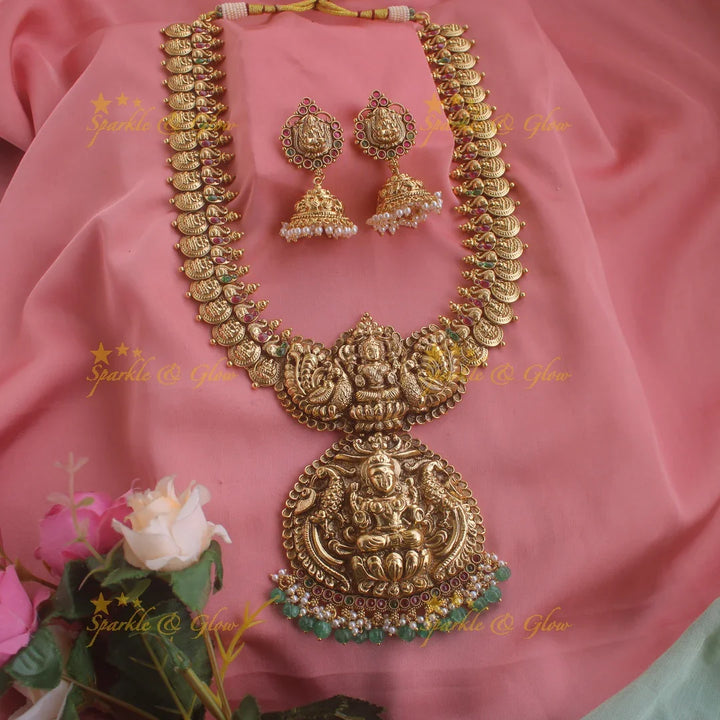 Exquisite Lakshmi peacock carved coin haram with ruby emerald and green beads - Sparkle and Glow