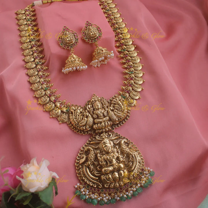 Exquisite Lakshmi peacock carved coin haram with ruby emerald and green beads - Sparkle and Glow