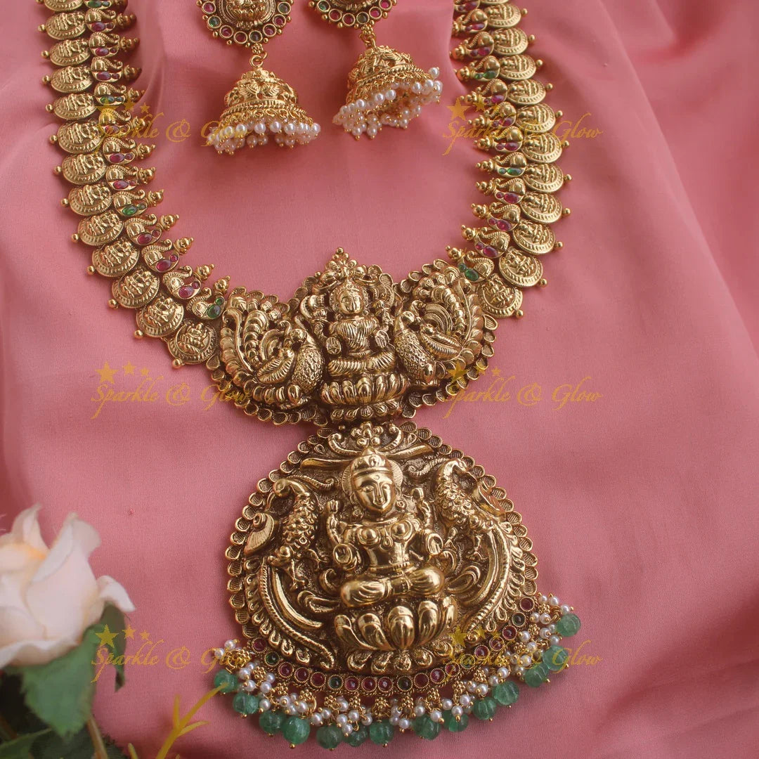 Exquisite Lakshmi peacock carved coin haram with ruby emerald and green beads - Sparkle and Glow