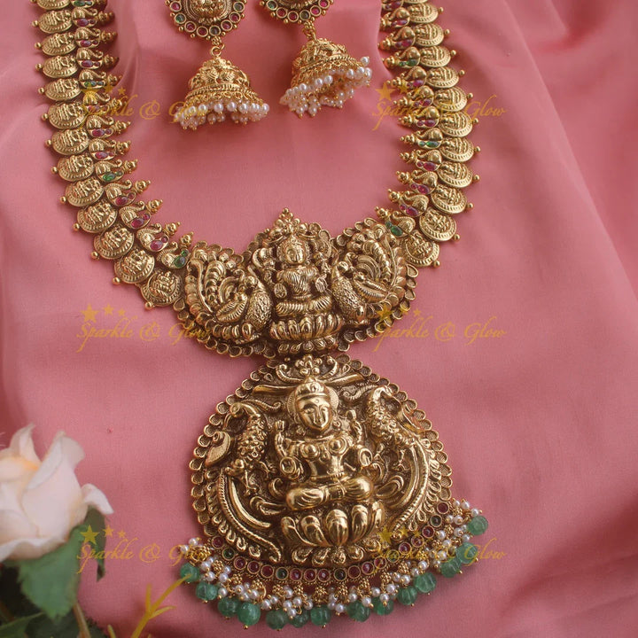 Exquisite Lakshmi peacock carved coin haram with ruby emerald and green beads - Sparkle and Glow