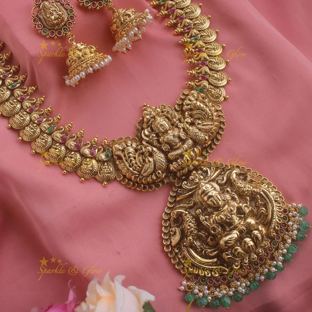 Exquisite Lakshmi peacock carved coin haram with ruby emerald and green beads - Sparkle and Glow