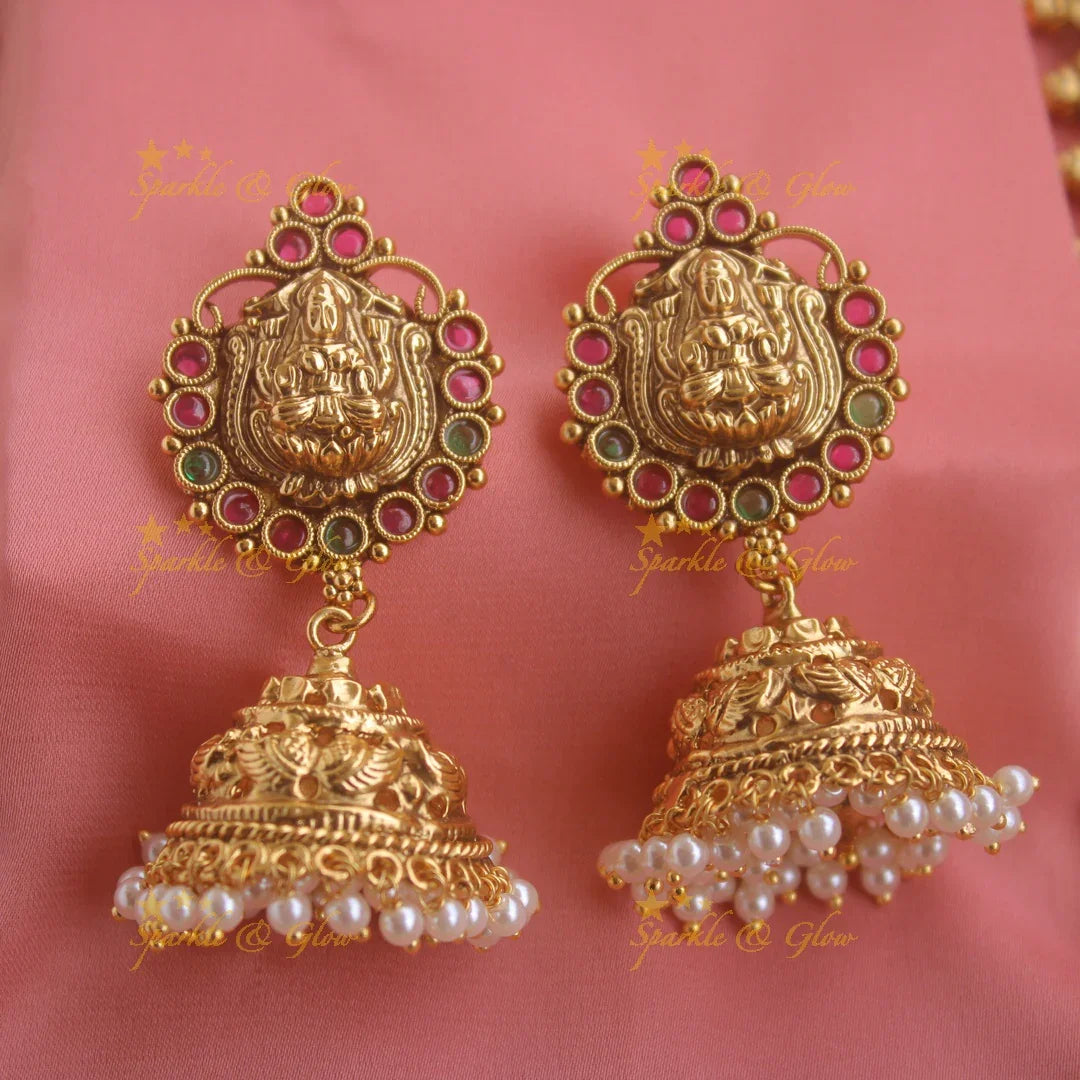 Exquisite Lakshmi peacock carved coin haram with ruby emerald and green beads - Sparkle and Glow