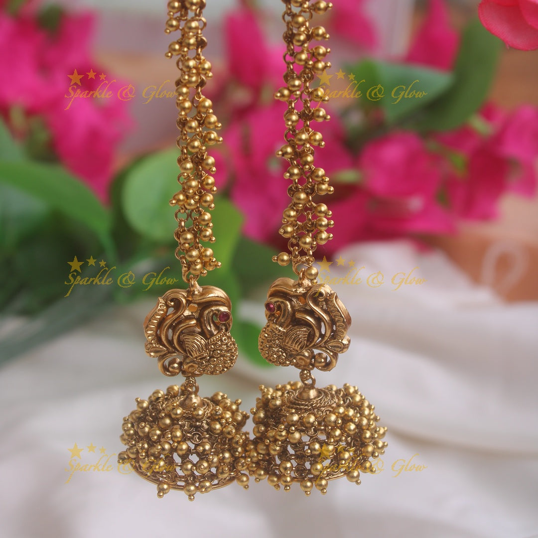 Beautiiful peaock studded gold alike jhumukas with earchain