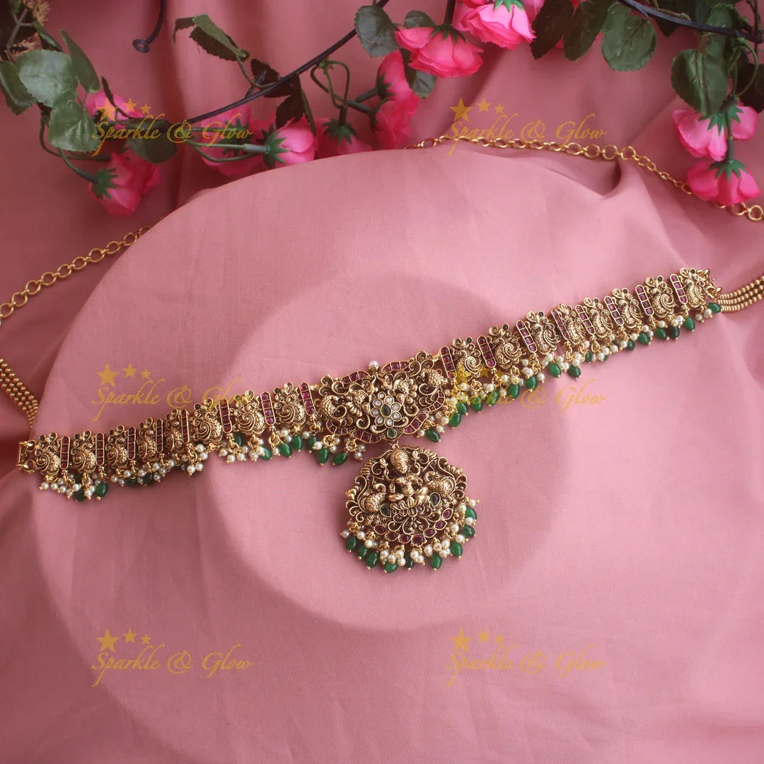 Statement Lakshmi peacock gold alike hipchain with green beads - Sparkle and Glow