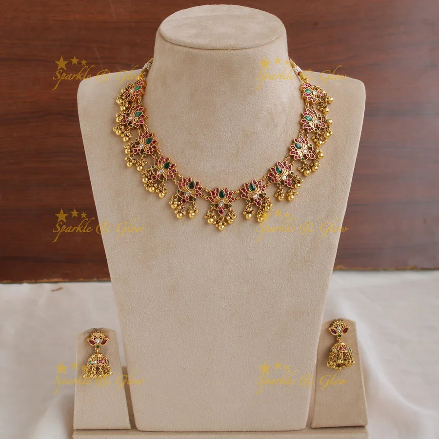 Gorgeous Lotus Jadau short necklace with gold beads - Sparkle and Glow