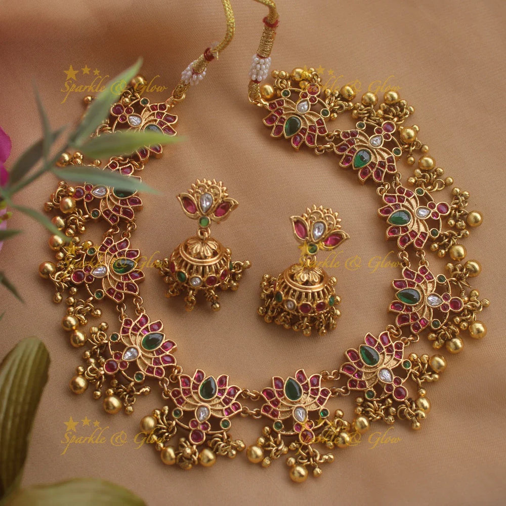 Gorgeous Lotus Jadau short necklace with gold beads - Sparkle and Glow