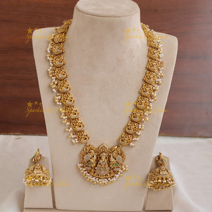 Grand Gold alike Lakshmi dancing peacock long necklace with CZ stone pearls and gold beads - Sparkle and Glow