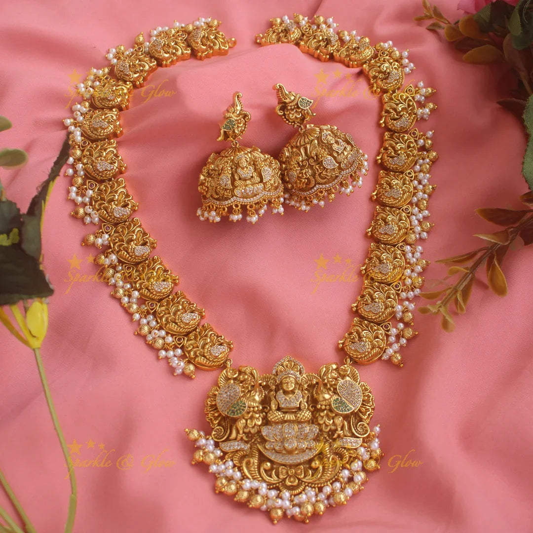 Grand Gold alike Lakshmi dancing peacock long necklace with CZ stone pearls and gold beads - Sparkle and Glow