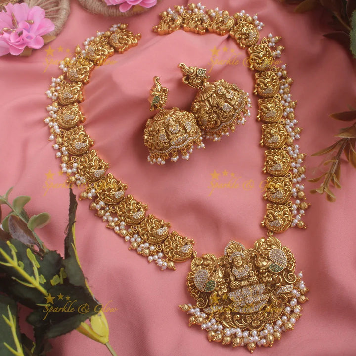 Grand Gold alike Lakshmi dancing peacock long necklace with CZ stone pearls and gold beads - Sparkle and Glow