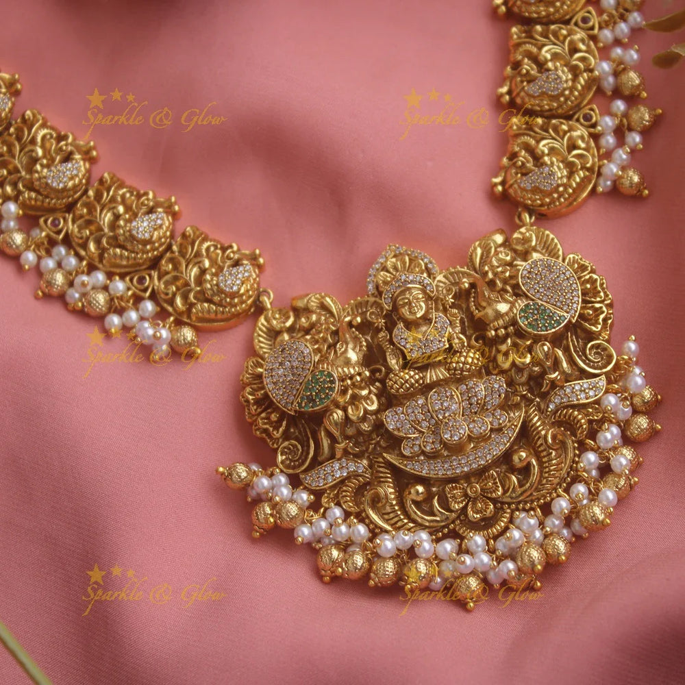 Grand Gold alike Lakshmi dancing peacock long necklace with CZ stone pearls and gold beads - Sparkle and Glow