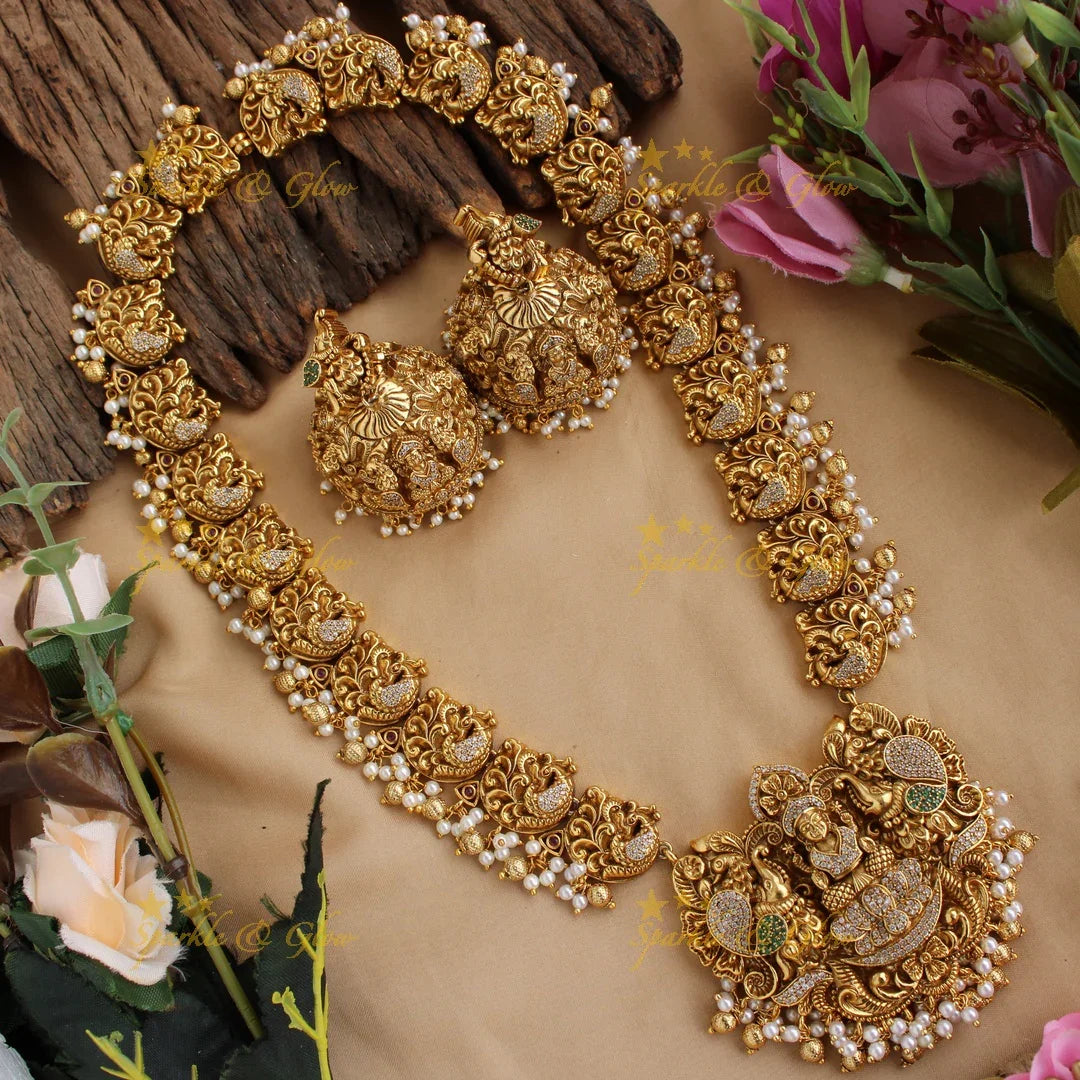 Grand Gold alike Lakshmi dancing peacock long necklace with CZ stone pearls and gold beads - Sparkle and Glow