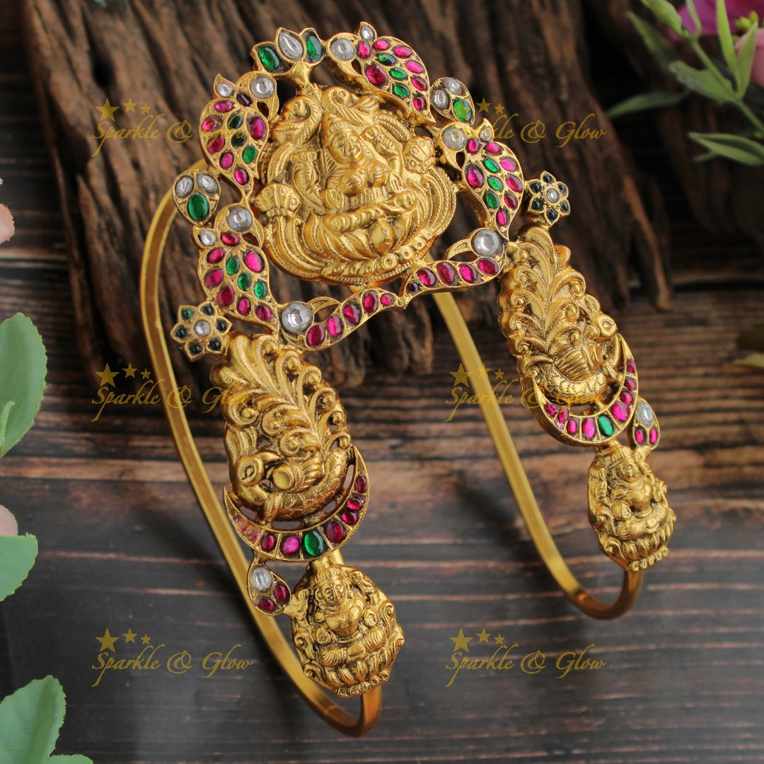 Jadau Elegant Gold alike Lakshmi lotus peacock design U shaped vanki with multi colour stones, single pc