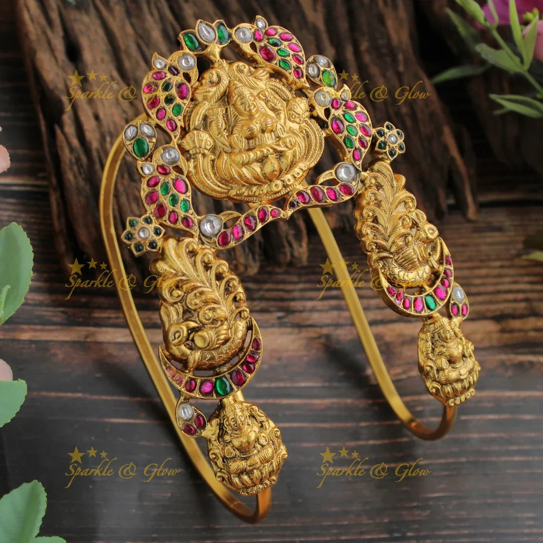 Jadau Elegant Gold alike Lakshmi lotus peacock design U shaped vanki with multi colour stones, single pc - Sparkle and Glow