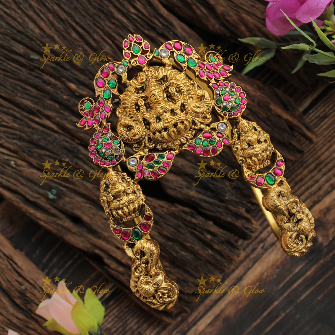 Jadau Gold alike Lakshmi peacock carved U shaped vanki with multi colour stones, single pc