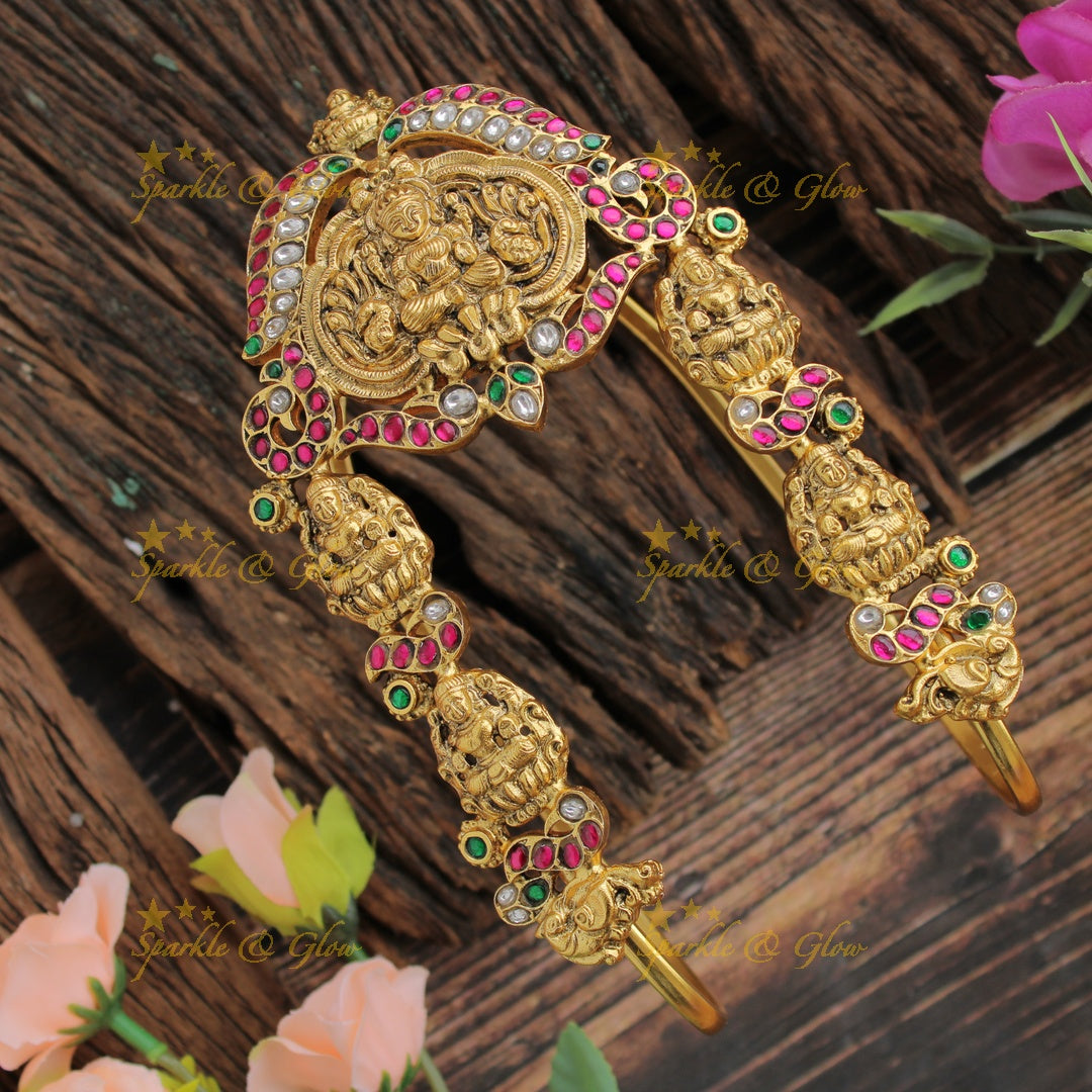 Jadau Gorgeous Gold alike Lakshmi peacock carved U shaped vanki with multi colour stones, single pc