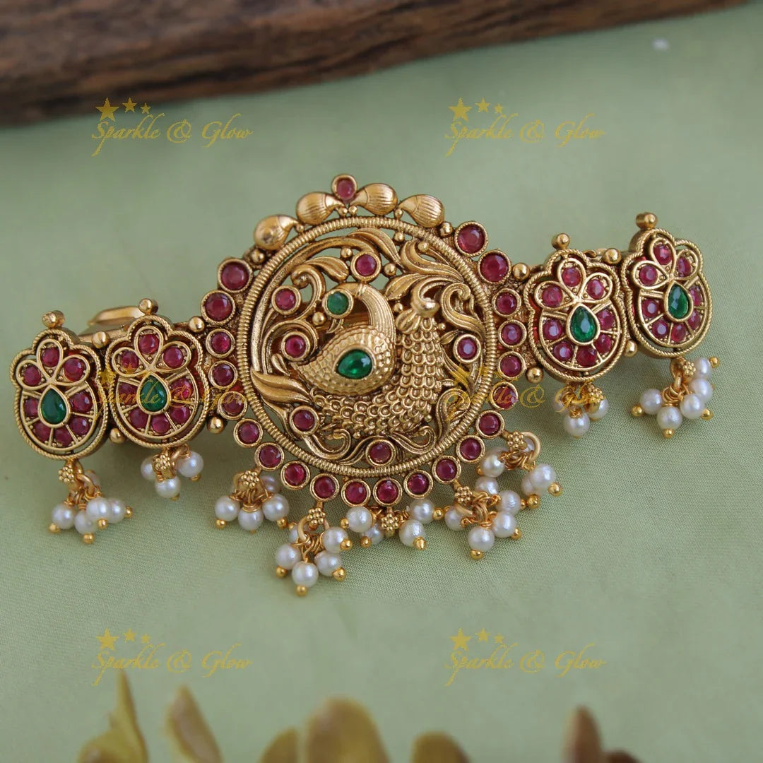 Gold alike peacock carved kemp hair clip with pearl drops - Sparkle and Glow