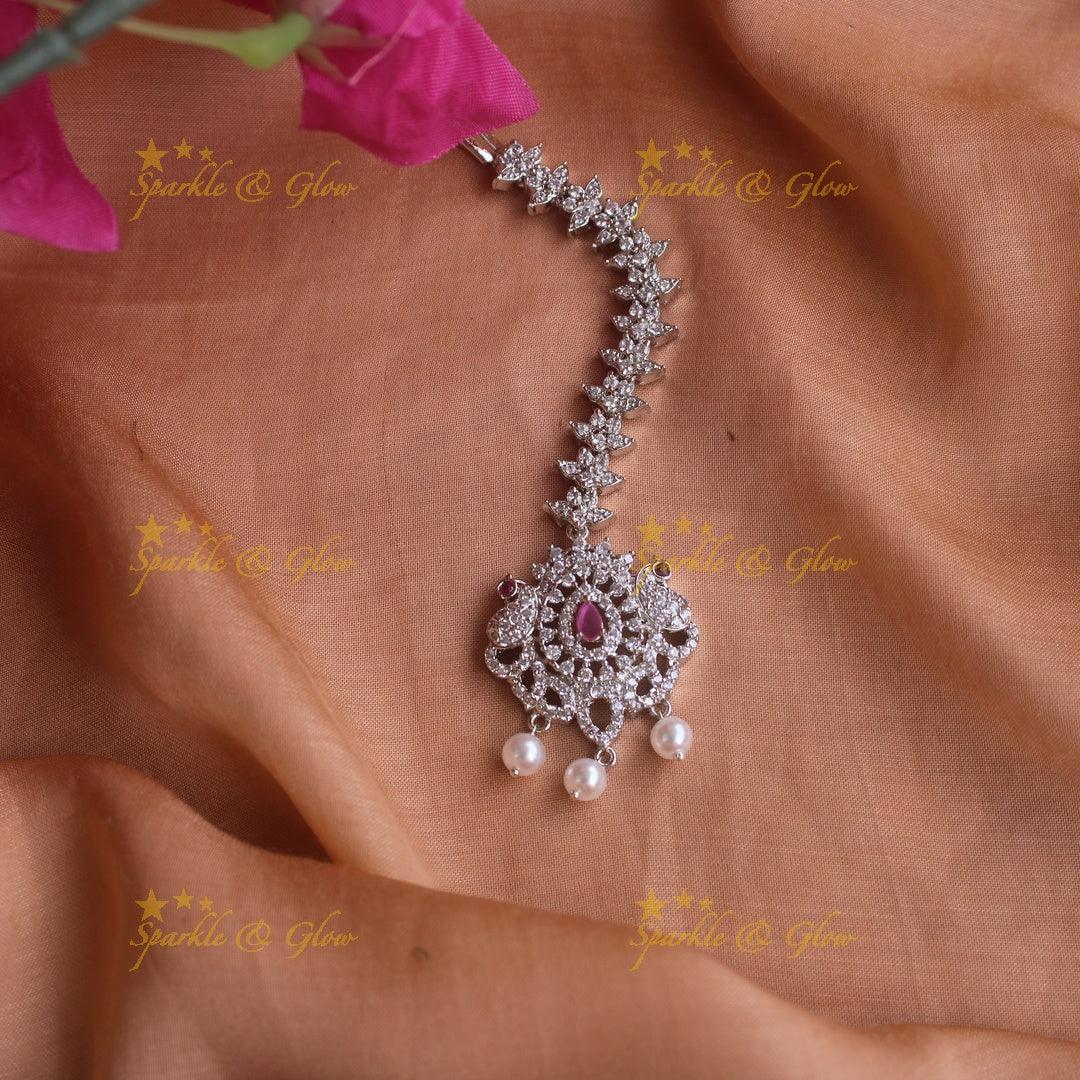 Statement silver polish peacock and floral maang tikka with pearls and ruby - Sparkle and Glow