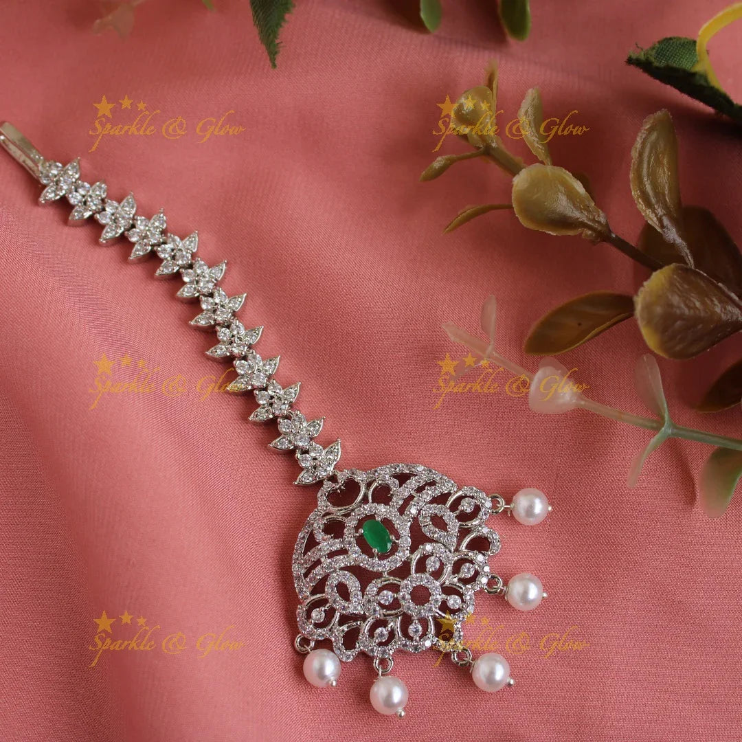 Silver Polish Floral Maang Tikka with Pearls & Ruby