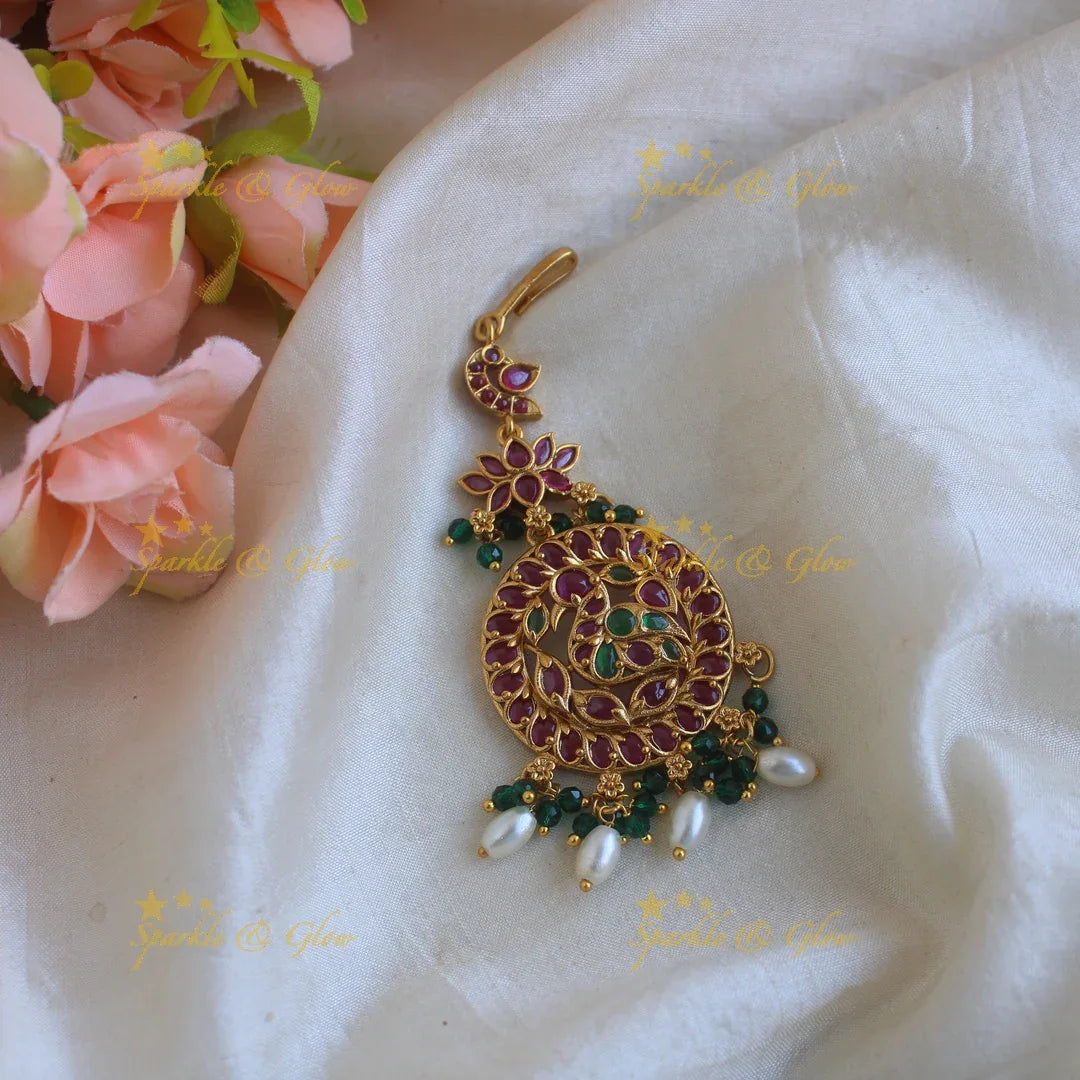 Statement Lotus peacock kemp stones tikka with green beads and rice pearls - Sparkle and Glow