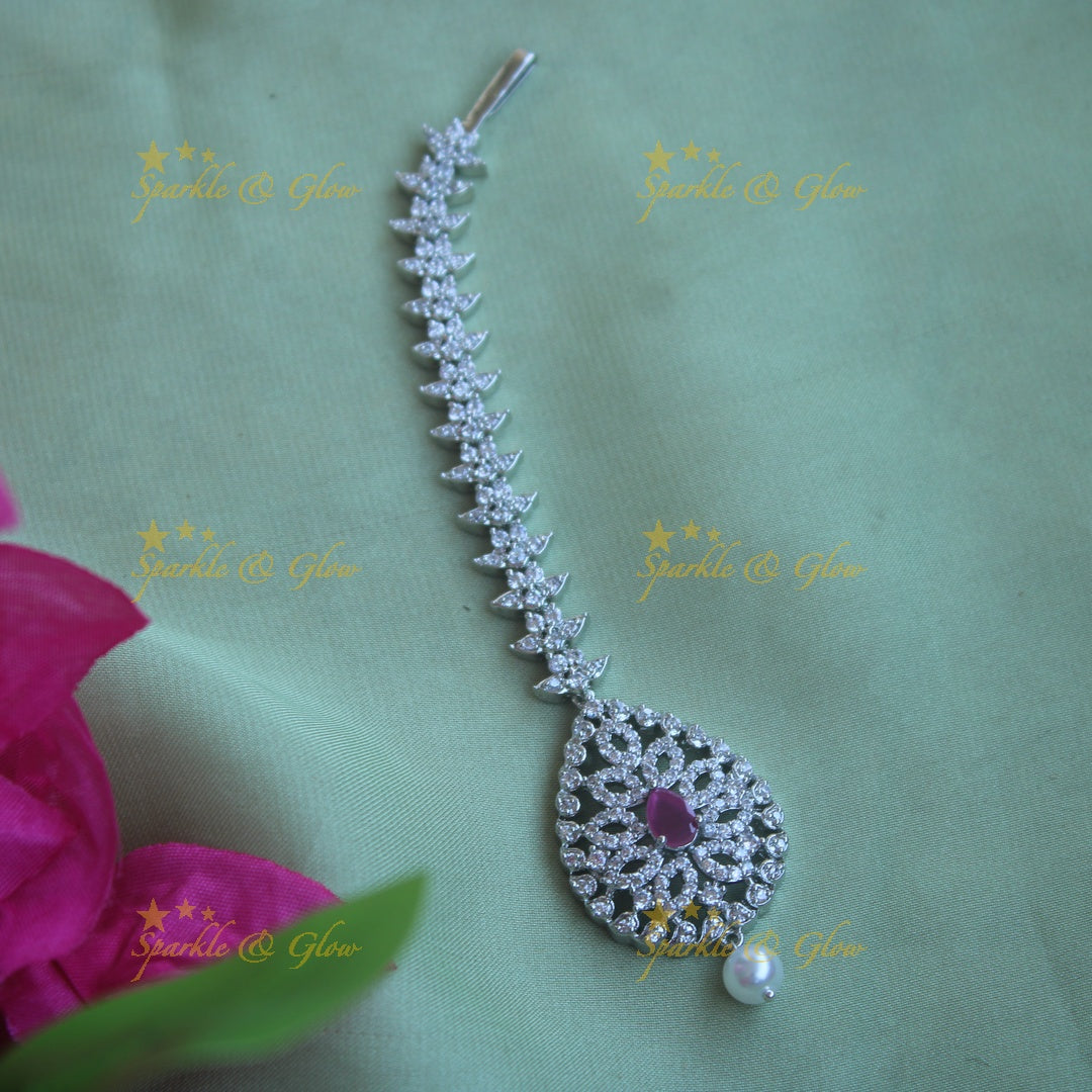 Beautiful silver polish water drop floral maang tikka with pearl and ruby