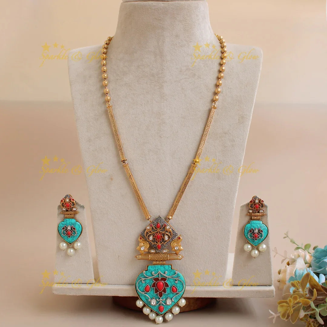 Elegant Premium natural Torquoise stone Peacock flower carved meenakari pendent with gold chain - Sparkle and Glow
