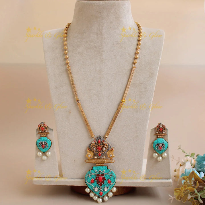 Elegant Premium natural Torquoise stone Peacock flower carved meenakari pendent with gold chain - Sparkle and Glow