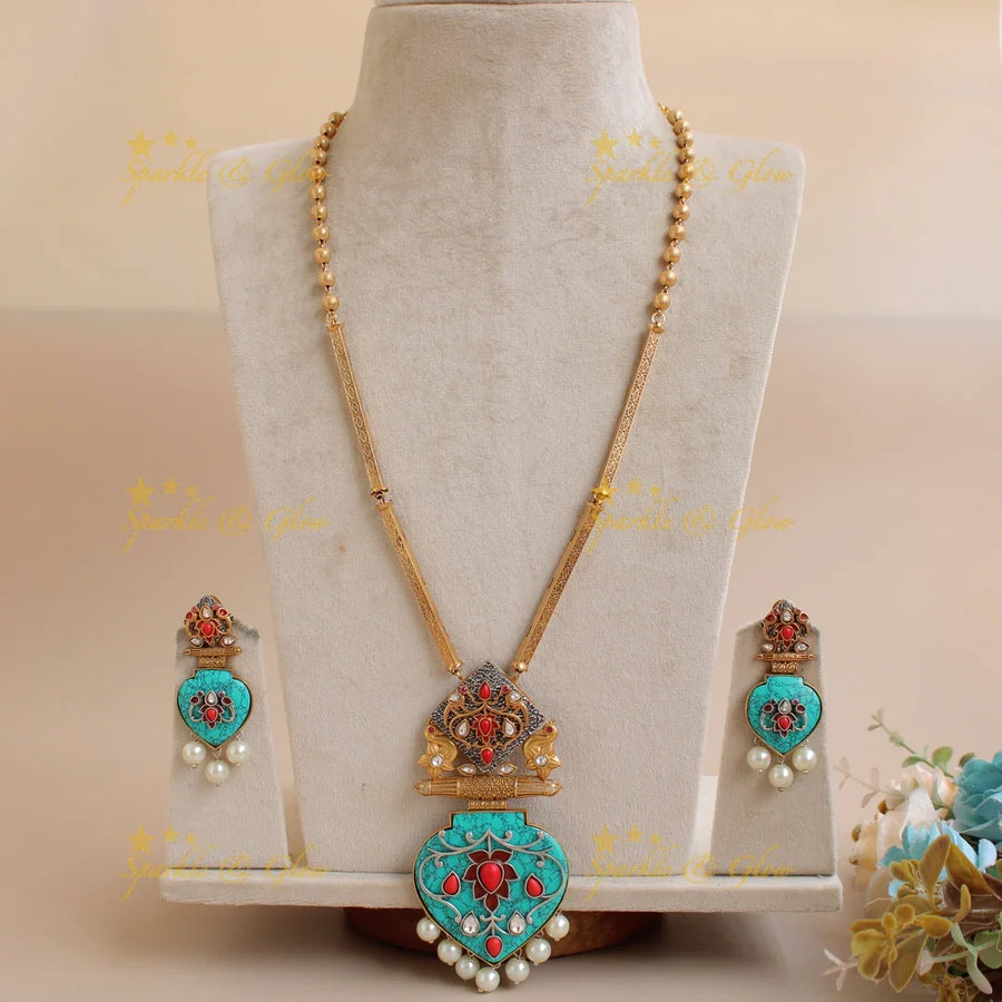 Elegant Premium natural Torquoise stone Peacock flower carved meenakari pendent with gold chain - Sparkle and Glow