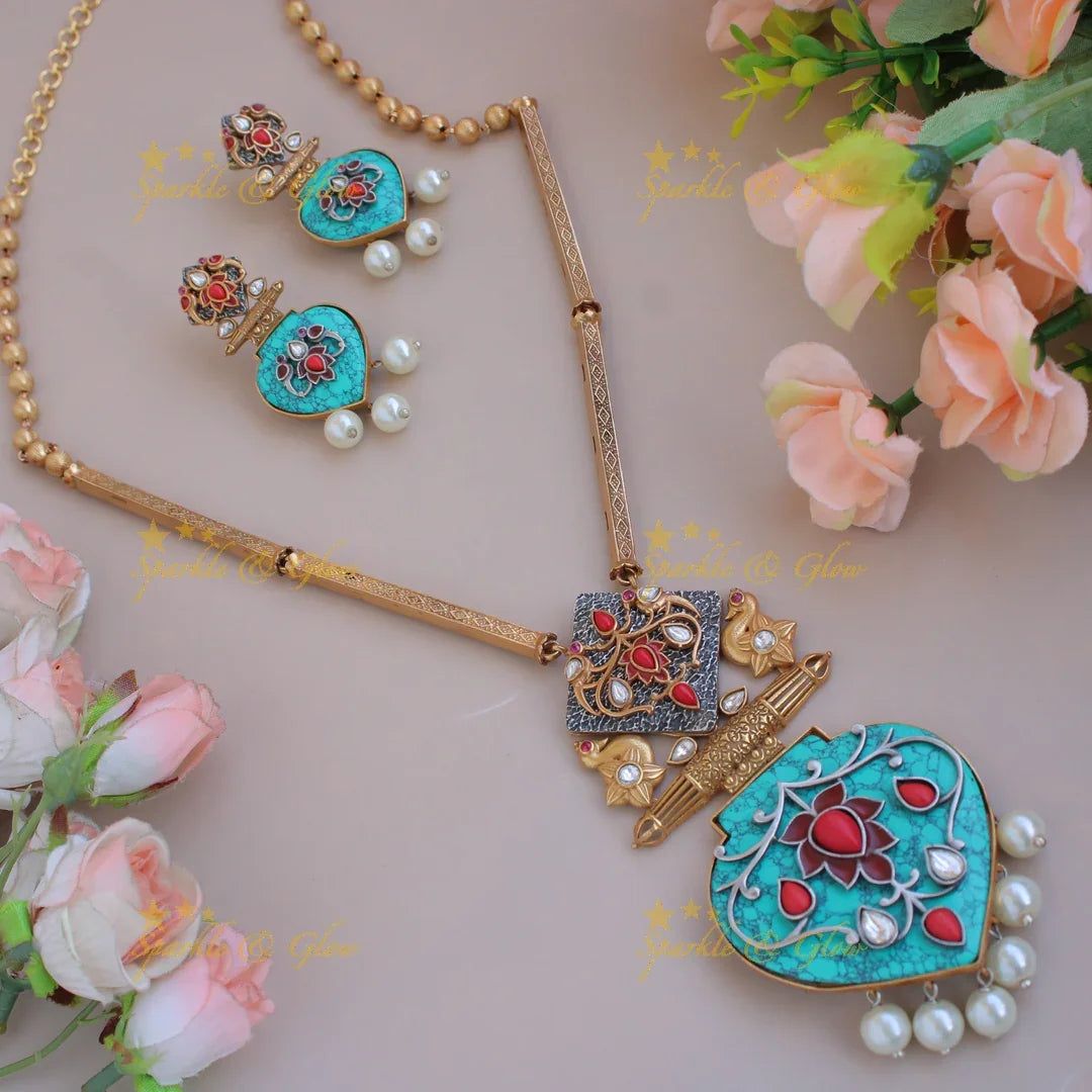 Elegant Premium natural Torquoise stone Peacock flower carved meenakari pendent with gold chain - Sparkle and Glow