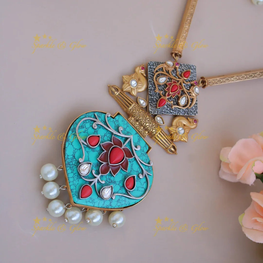 Elegant Premium natural Torquoise stone Peacock flower carved meenakari pendent with gold chain - Sparkle and Glow