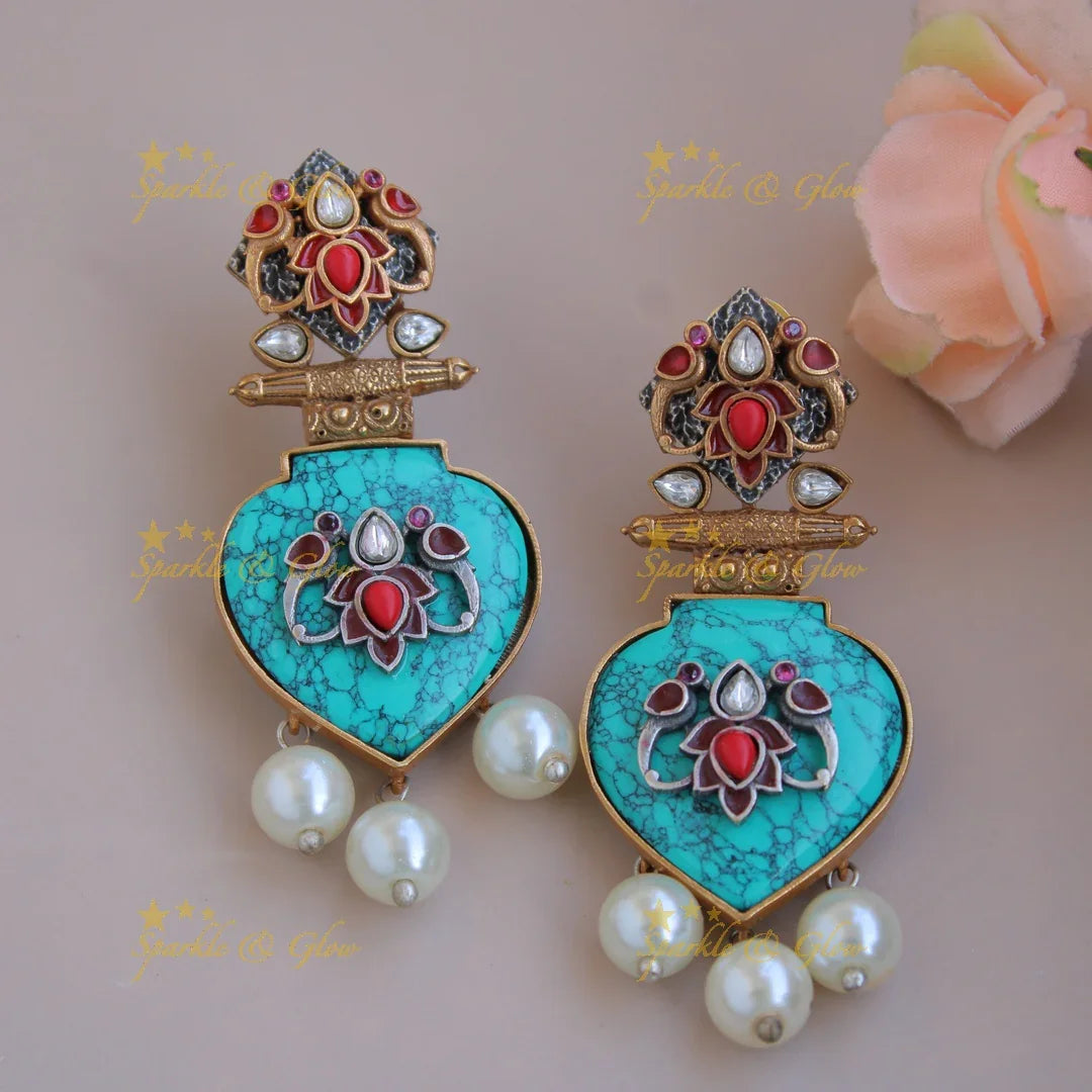 Elegant Premium natural Torquoise stone Peacock flower carved meenakari pendent with gold chain - Sparkle and Glow