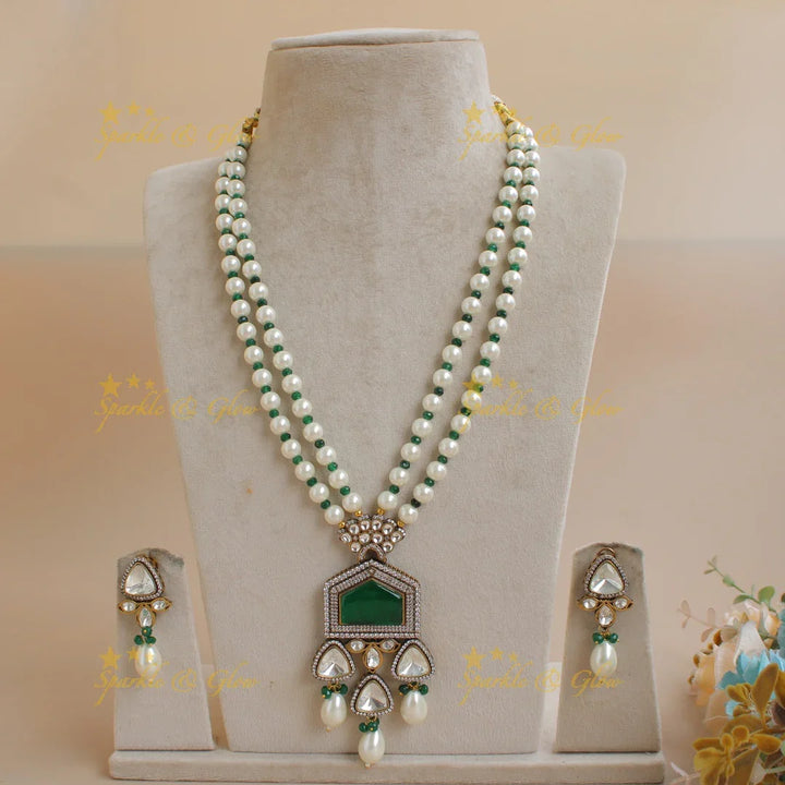 Exclusive unique pink stone pendent Victorian AD haram with two layer pearl and pink beads chain - pink - Sparkle and Glow