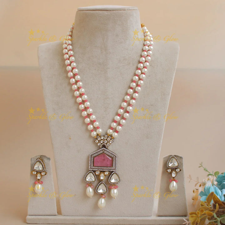 Exclusive unique pink stone pendent Victorian AD haram with two layer pearl and pink beads chain - pink - Sparkle and Glow