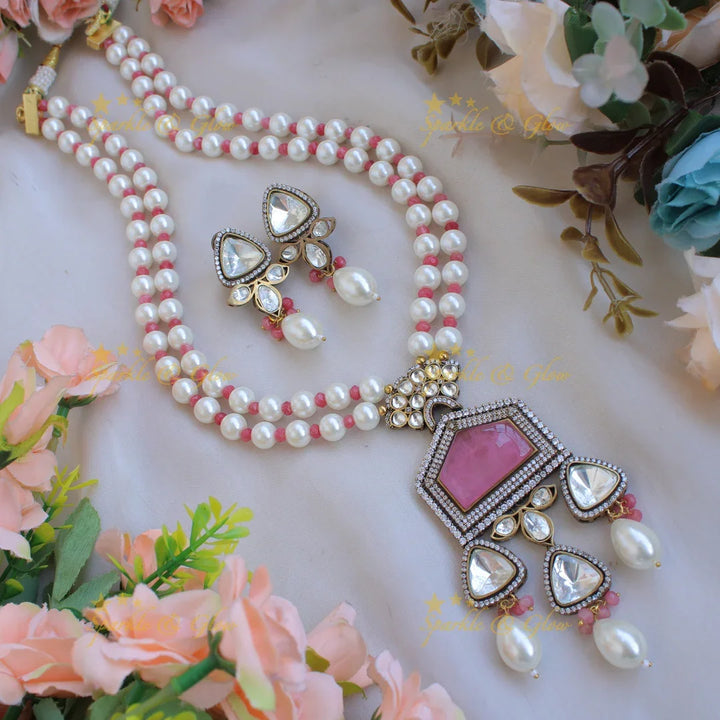 Exclusive unique pink stone pendent Victorian AD haram with two layer pearl and pink beads chain - pink - Sparkle and Glow