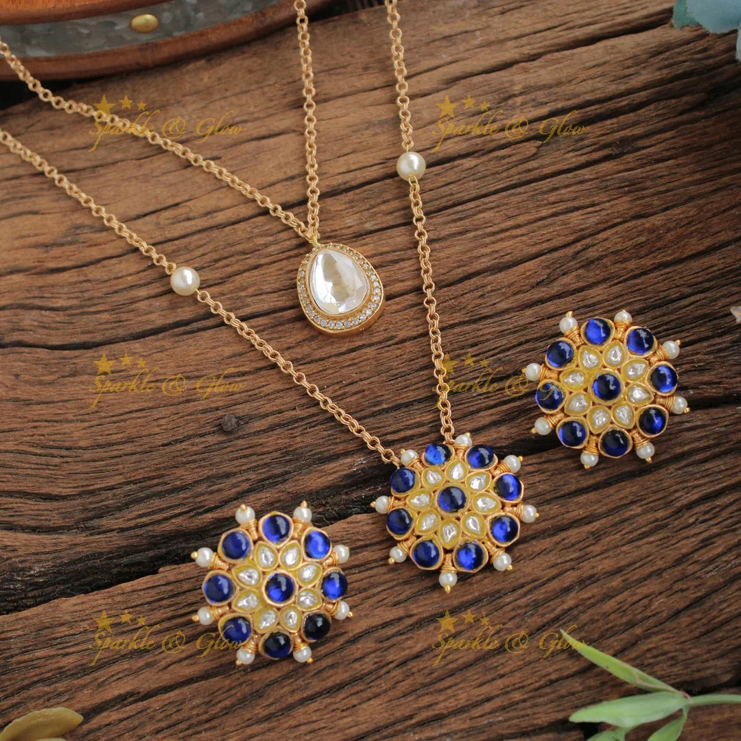 Stunning Floral stone two layer Pendent Chain with blue white stones and pearls - Sparkle and Glow