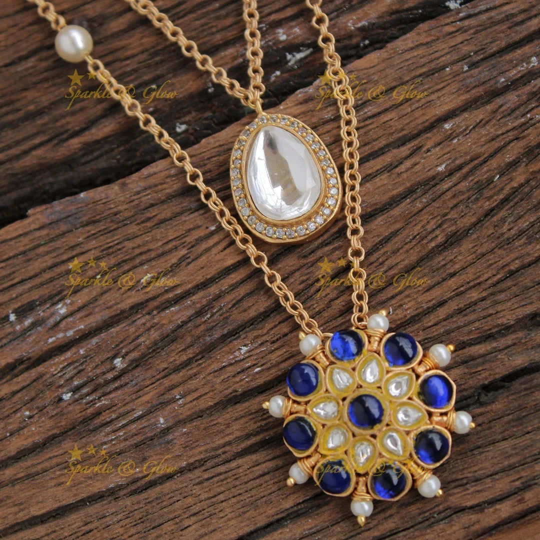 Stunning Floral stone two layer Pendent Chain with blue white stones and pearls - Sparkle and Glow