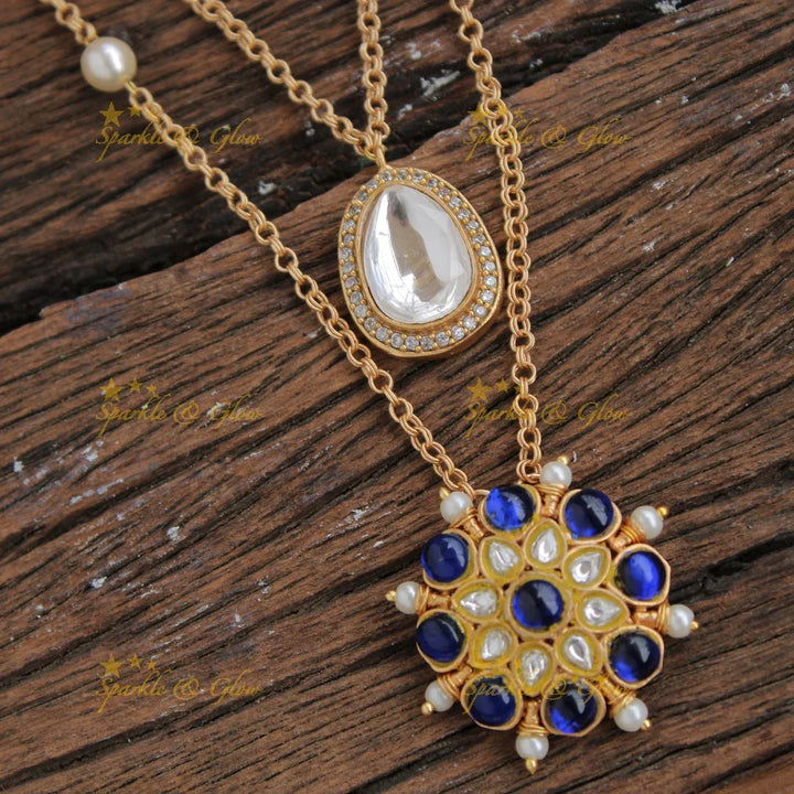Stunning Floral stone two layer Pendent Chain with blue white stones and pearls - Sparkle and Glow