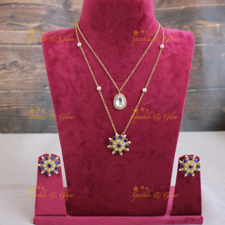 Stunning Floral stone two layer Pendent Chain with blue white stones and pearls - Sparkle and Glow