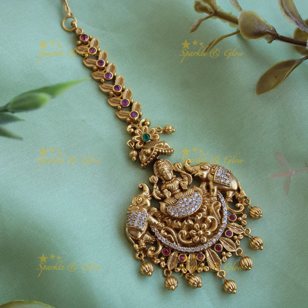 Beautiful Lakshmi elephant carved maang tikka with CZ stones and gold beads - Sparkle and Glow