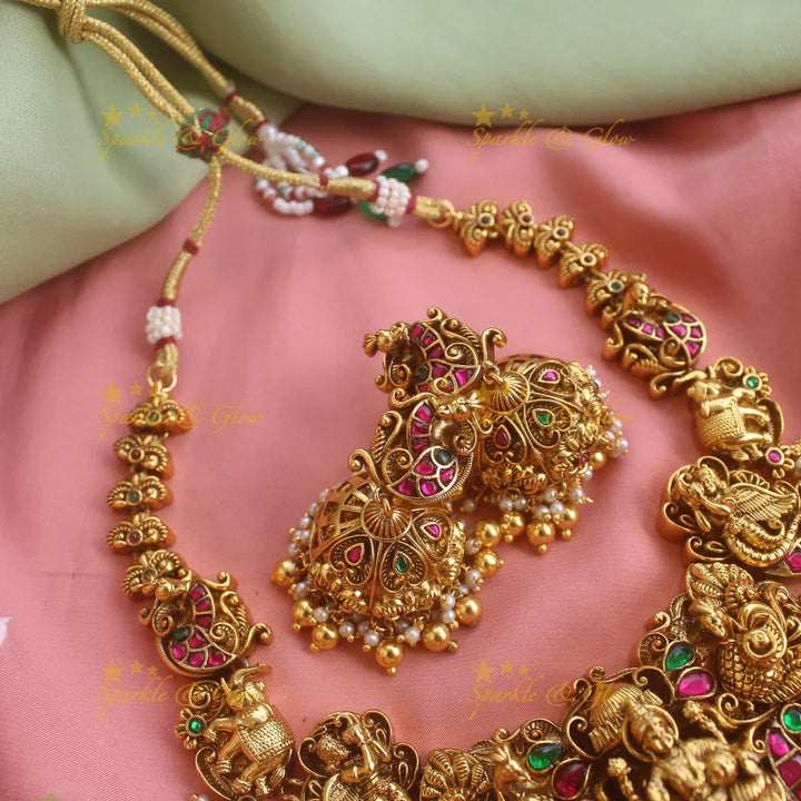 Grand intricately carved Lakshmi elephant peacock Jadau short necklace with gold beads - Sparkle and Glow