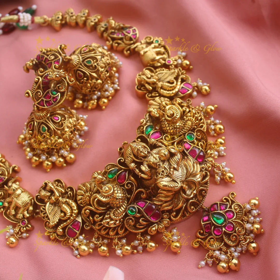 Grand intricately carved Lakshmi elephant peacock Jadau short necklace with gold beads - Sparkle and Glow
