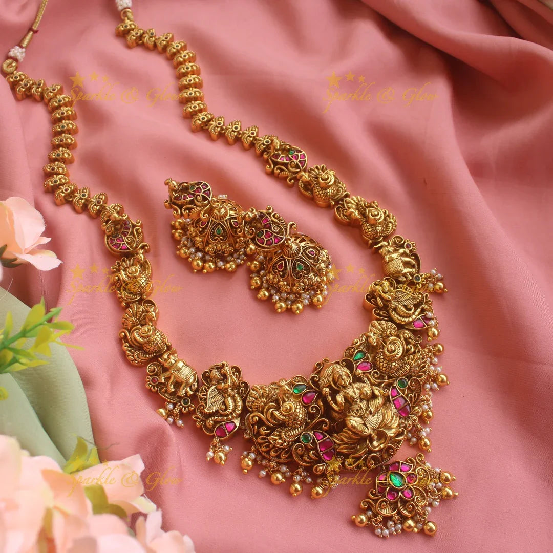 Grand intricately carved Lakshmi elephant peacock Jadau long necklace with gold beads - Sparkle and Glow