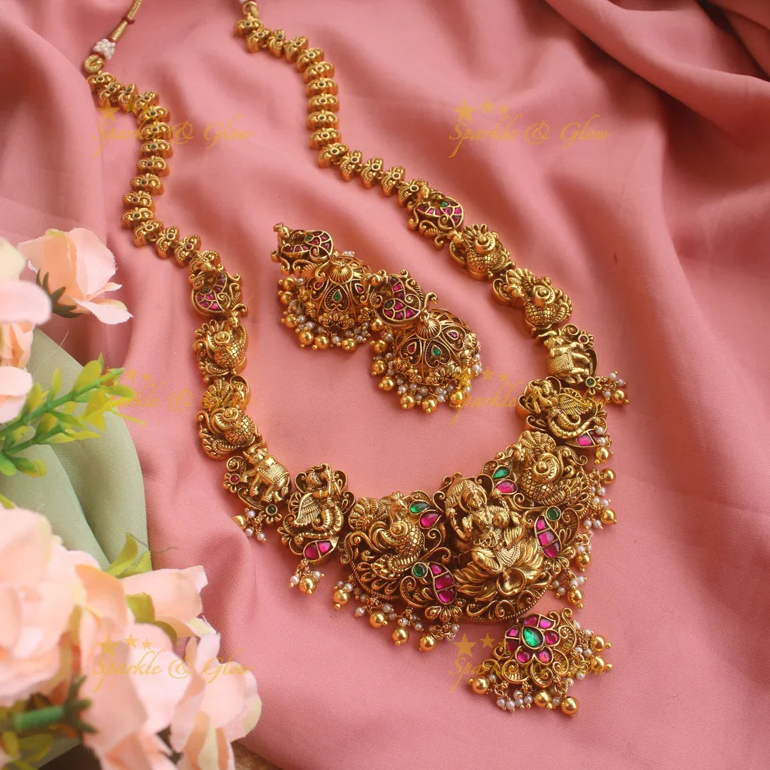 Grand intricately carved Lakshmi elephant peacock Jadau long necklace with gold beads - Sparkle and Glow