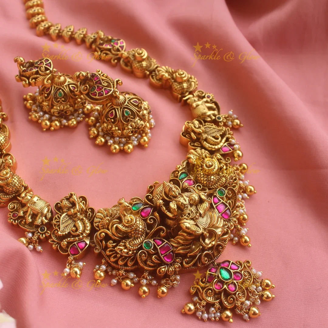 Grand intricately carved Lakshmi elephant peacock Jadau long necklace with gold beads - Sparkle and Glow