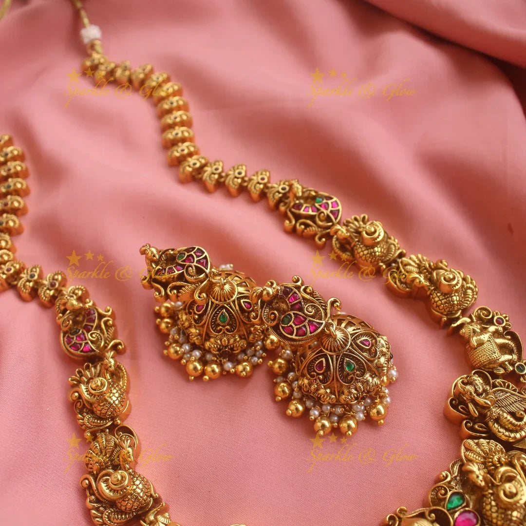 Grand intricately carved Lakshmi elephant peacock Jadau long necklace with gold beads - Sparkle and Glow