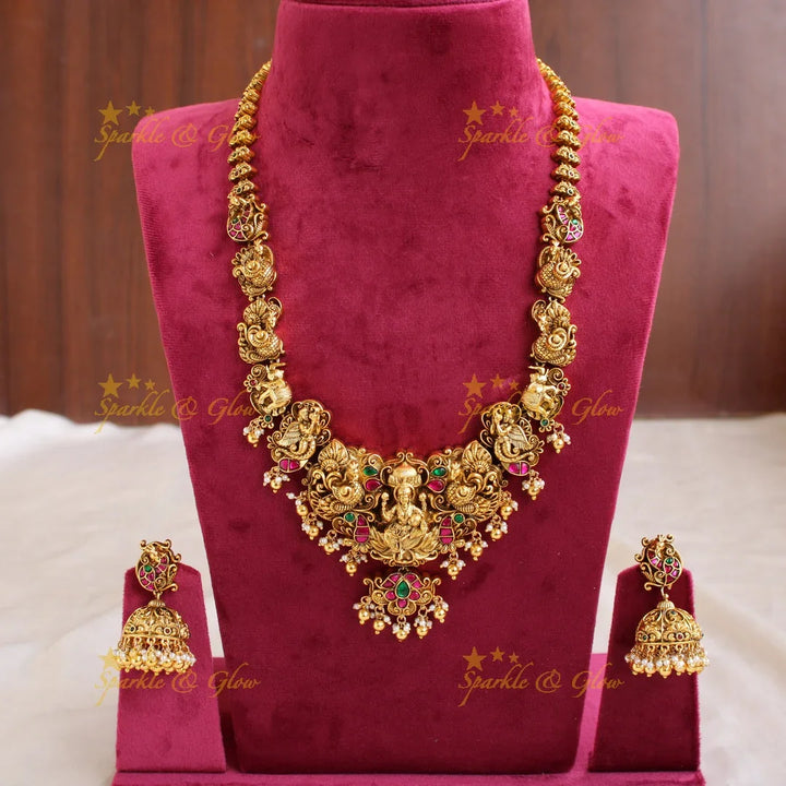Grand intricately carved Lakshmi elephant peacock Jadau long necklace with gold beads - Sparkle and Glow