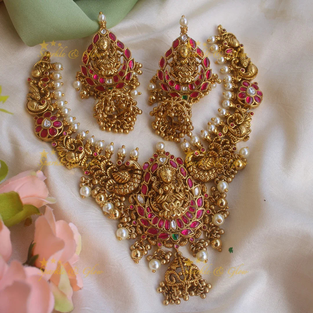 Beautiful Lakshmi peacock floral jhumuka drop Jadau short necklace with pearls and gold beads - Sparkle and Glow