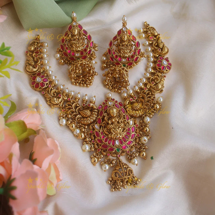 Beautiful Lakshmi peacock floral jhumuka drop Jadau short necklace with pearls and gold beads - Sparkle and Glow